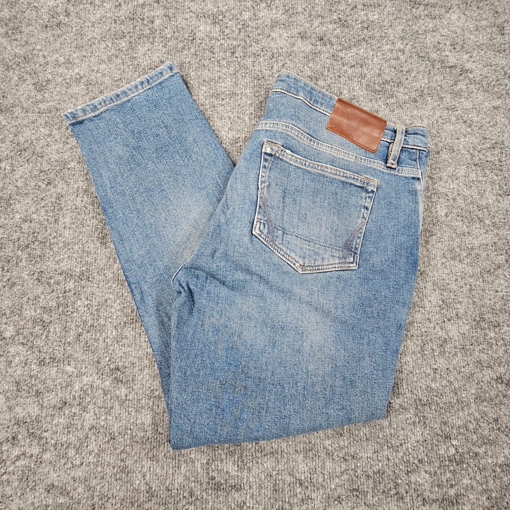 AllSaints Dean Slim Taper Jeans Men 34‎ Distressed Repair Patch Light Blue Denim